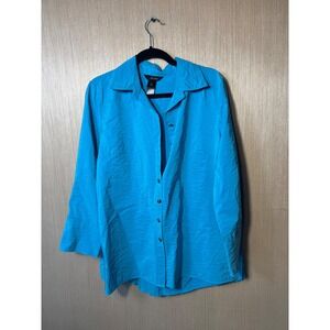 Ali Miles Womens Turquoise Blue Textured Button Down Shirt Long Sleeve Size M
